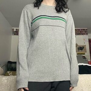 Gray Ribbed Sweater with Green Stripes